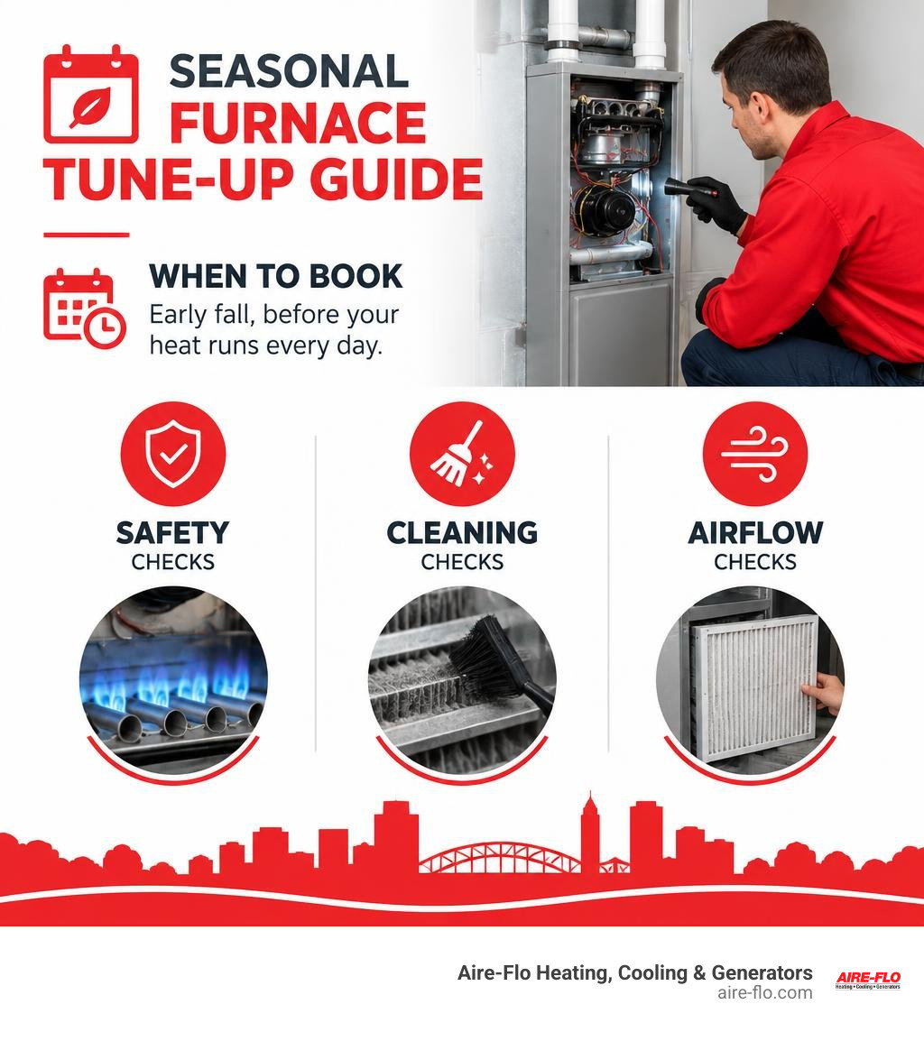 Seasonal furnace tune-up guide showing when to book and the main safety, cleaning, and airflow checks infographic