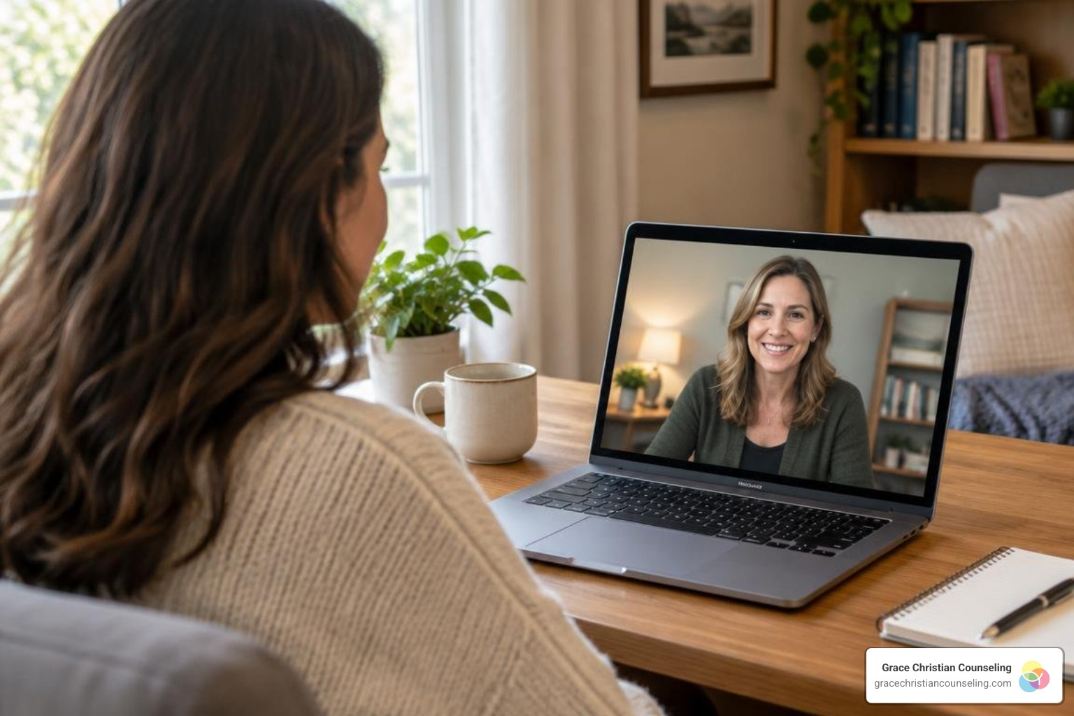 One-on-one virtual Christian counseling session with one counselor visible on a laptop screen