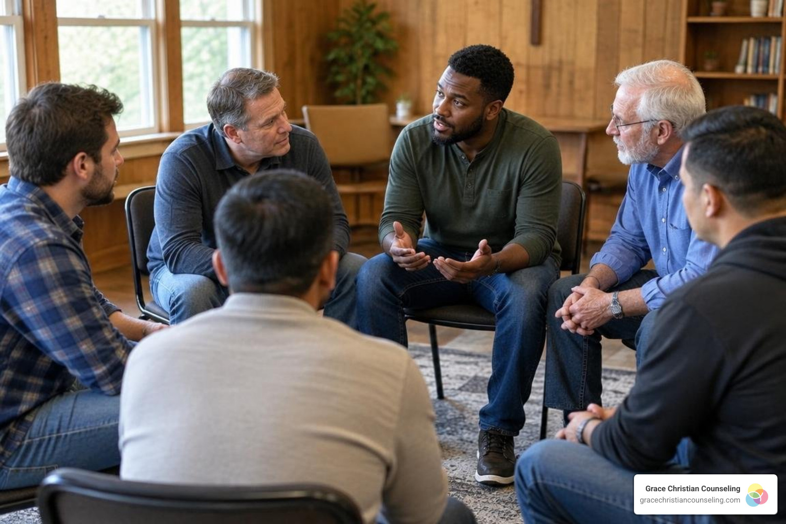 Six distinct men in a warm counseling room talking in a supportive recovery group