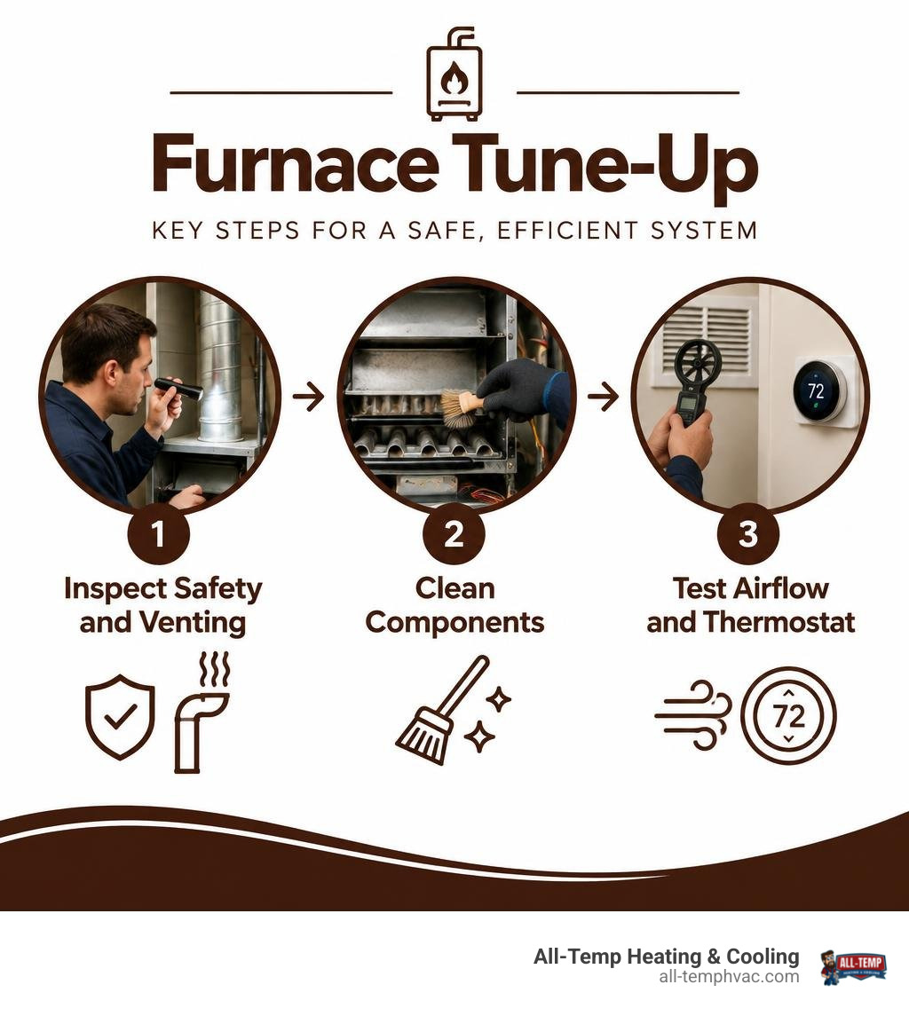 Furnace tune-up steps: inspect safety and venting, clean components, test airflow and thermostat infographic