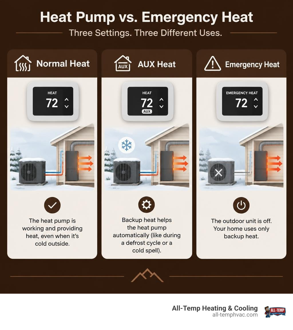 Comparison of normal Heat, automatic AUX heat, and Emergency Heat with the outdoor unit off infographic