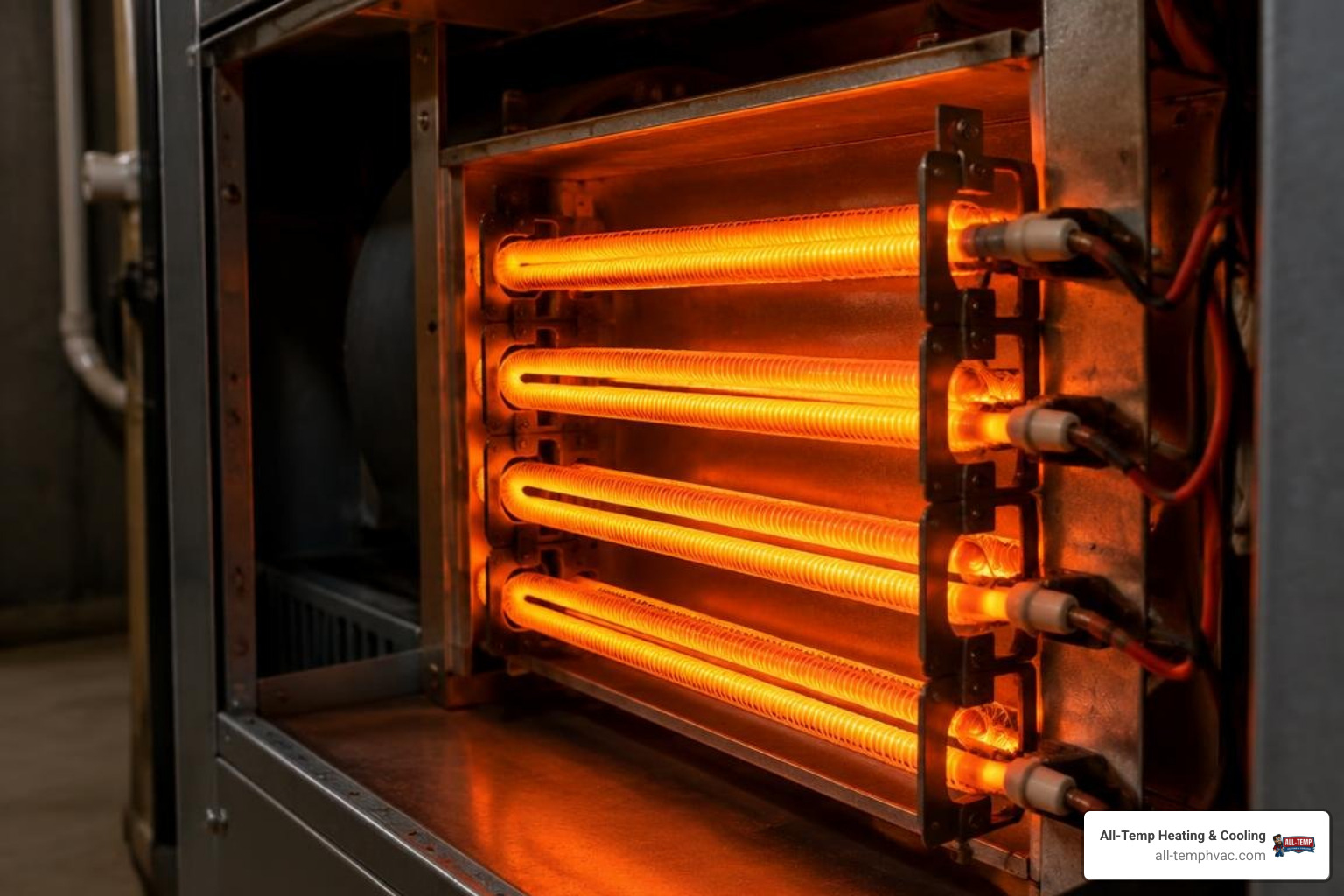 Electric resistance heating coil glowing inside an air handler cabinet