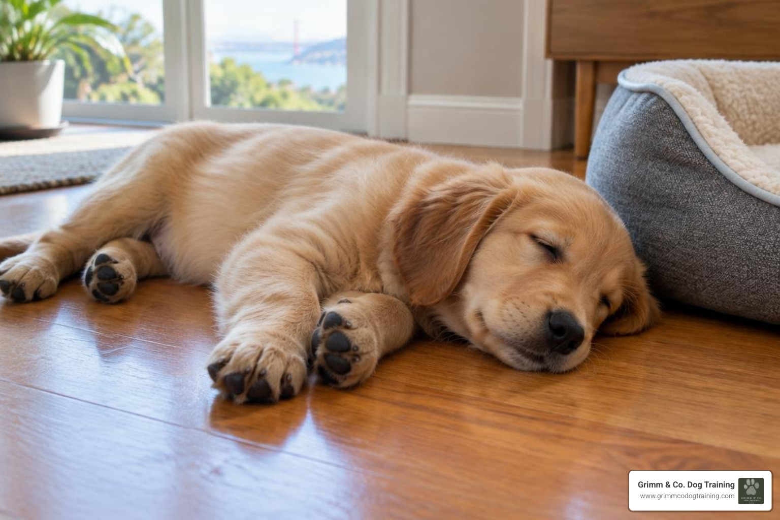 Relaxed puppy settling calmly on a training mat Relaxed puppy settling calmly on a training mat