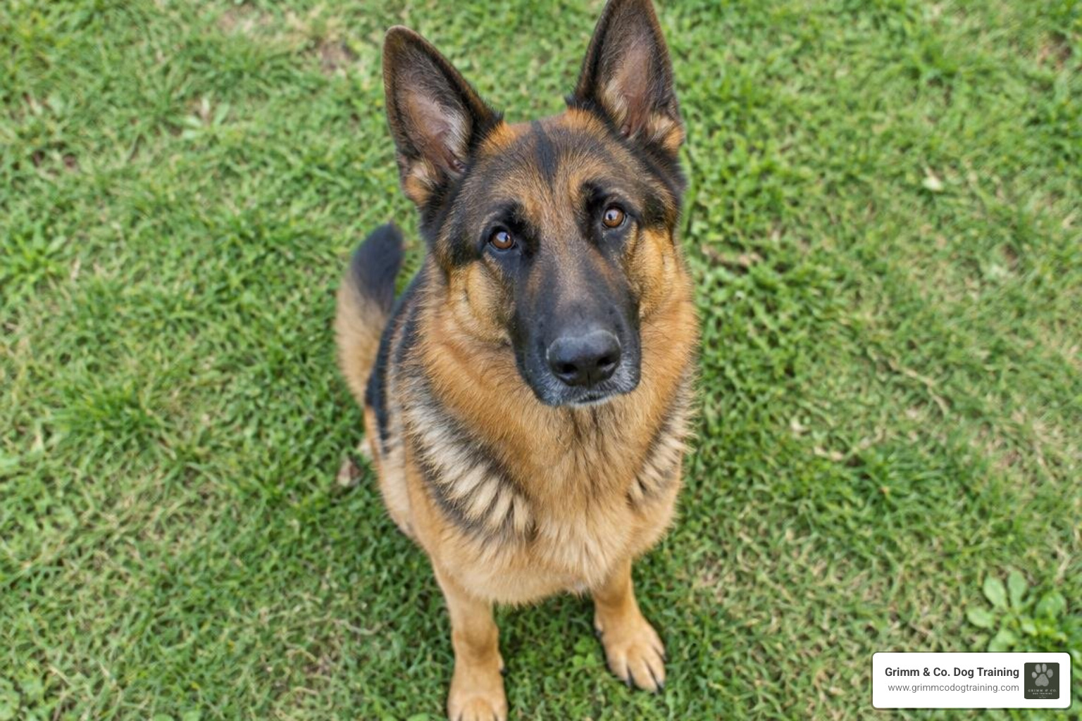 Well-trained Alsatian focusing calmly on handler during outdoor training Well-trained Alsatian focusing calmly on handler during outdoor training