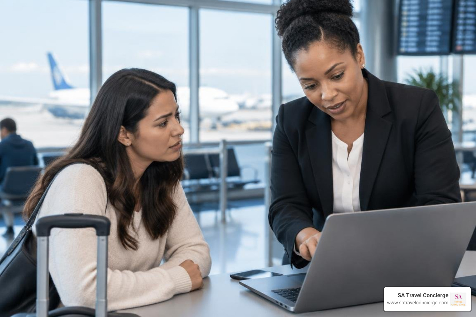 a travel concierge coordinating flight adjustments during unexpected travel disruptions