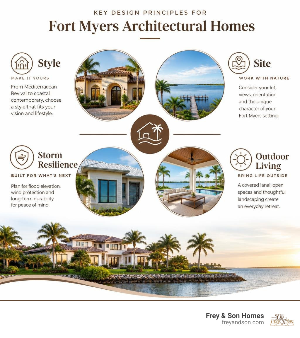 Key design principles for Fort Myers architectural homes: style, site, storm resilience, and outdoor living infographic