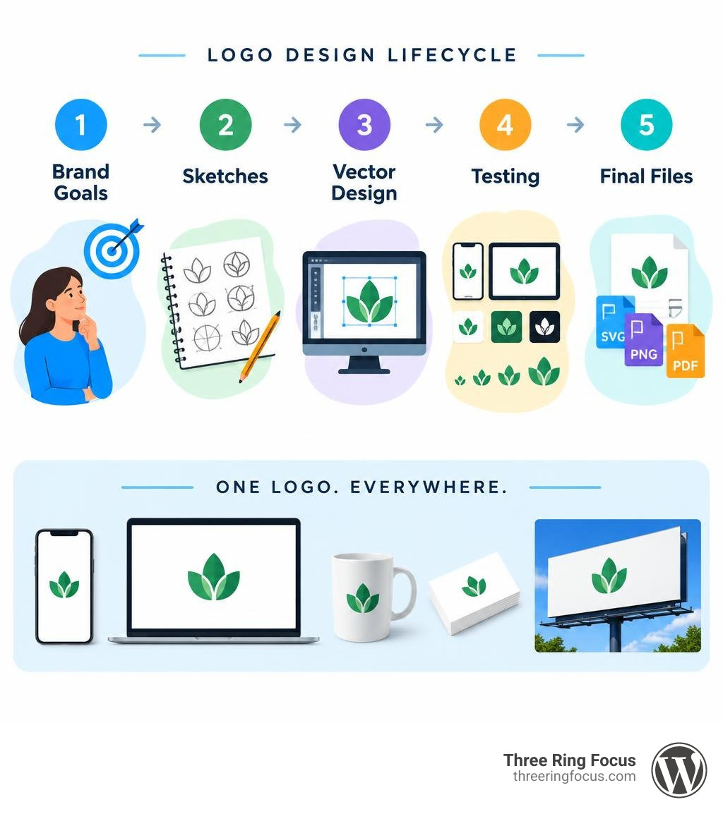 Logo design lifecycle: brand goals, sketches, vector design, testing, and final files infographic