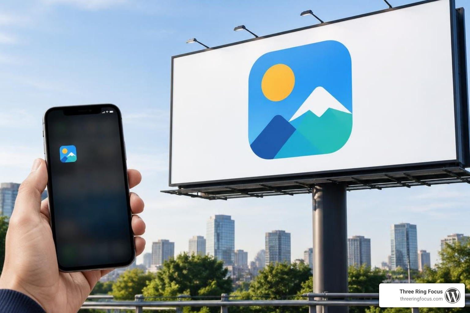 Logo scalability comparison from a 16px mobile app favicon to a giant outdoor billboard