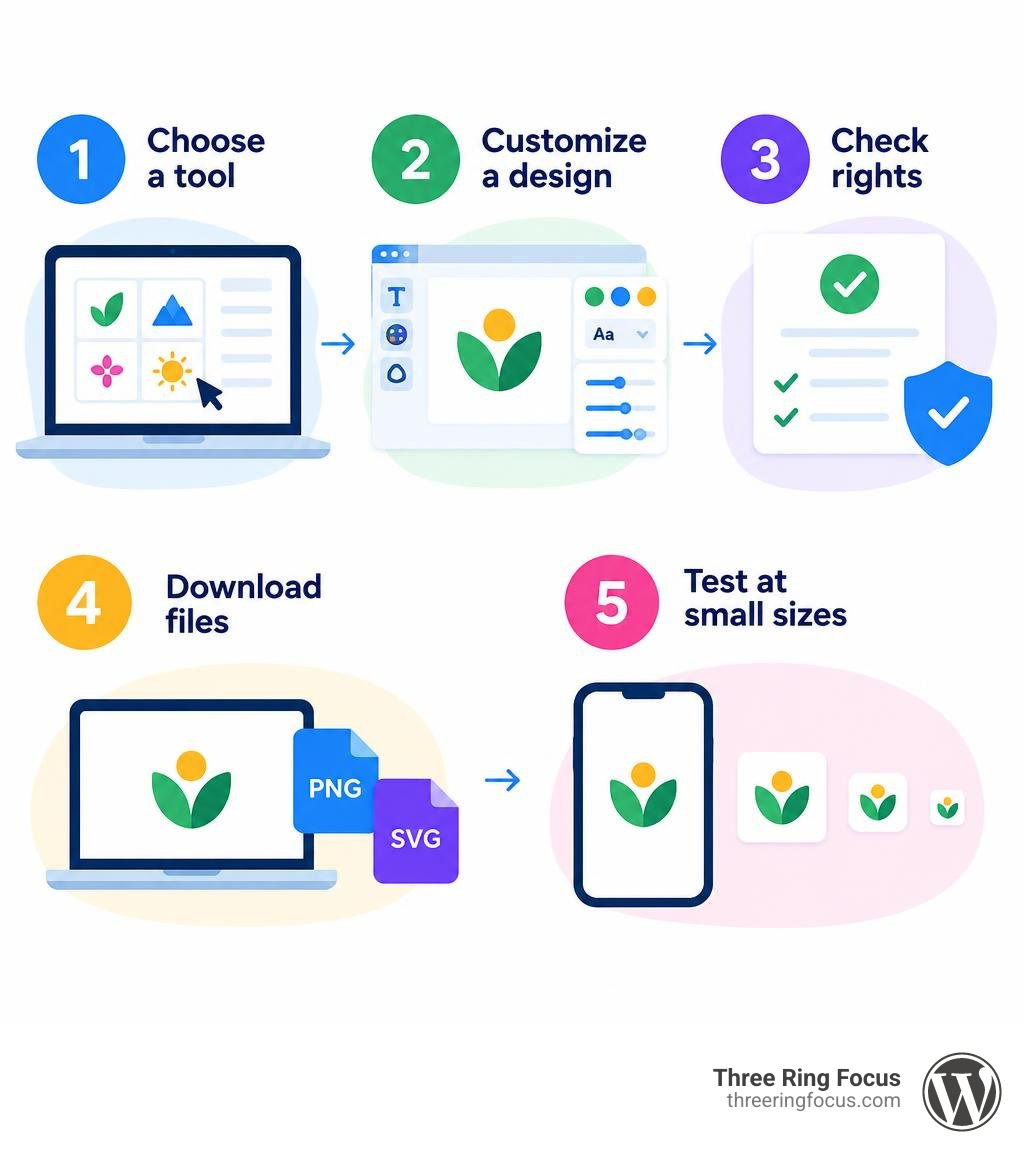 Free logo workflow: choose a tool, customize a design, check rights, download files, test at small sizes infographic