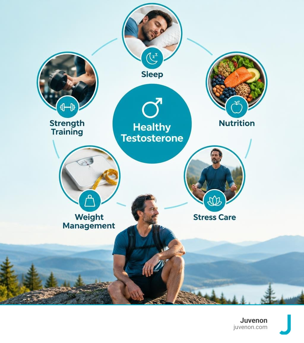 Key habits for healthy testosterone: sleep, strength training, nutrition, weight management, and stress care infographic Key habits for healthy testosterone: sleep, strength training, nutrition, weight management, and stress care infographic
