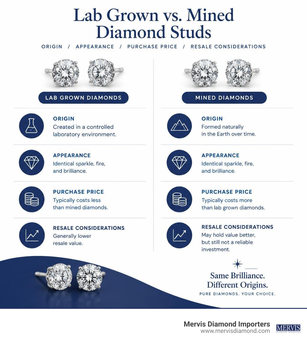 Lab grown versus mined diamond studs: origin, appearance, purchase price, and resale considerations infographic