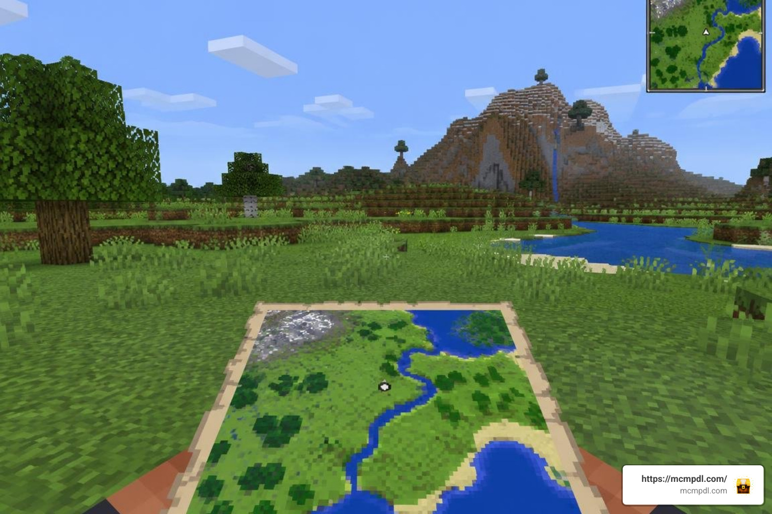 Minecraft Bedrock player exploring with a minimap Minecraft Bedrock player exploring with a minimap