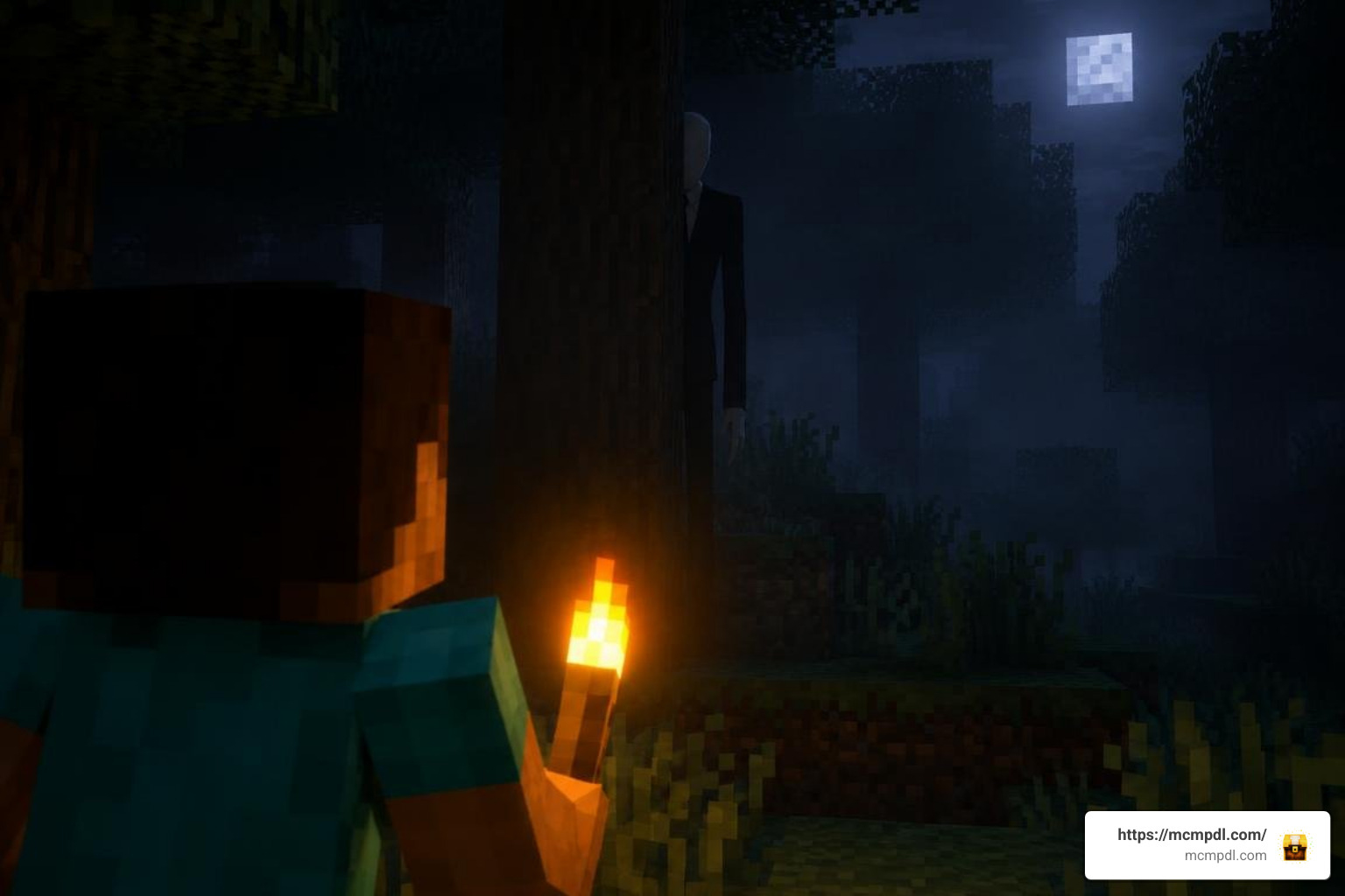 The One Who Watches stalking a player in a dark Minecraft forest The One Who Watches stalking a player in a dark Minecraft forest
