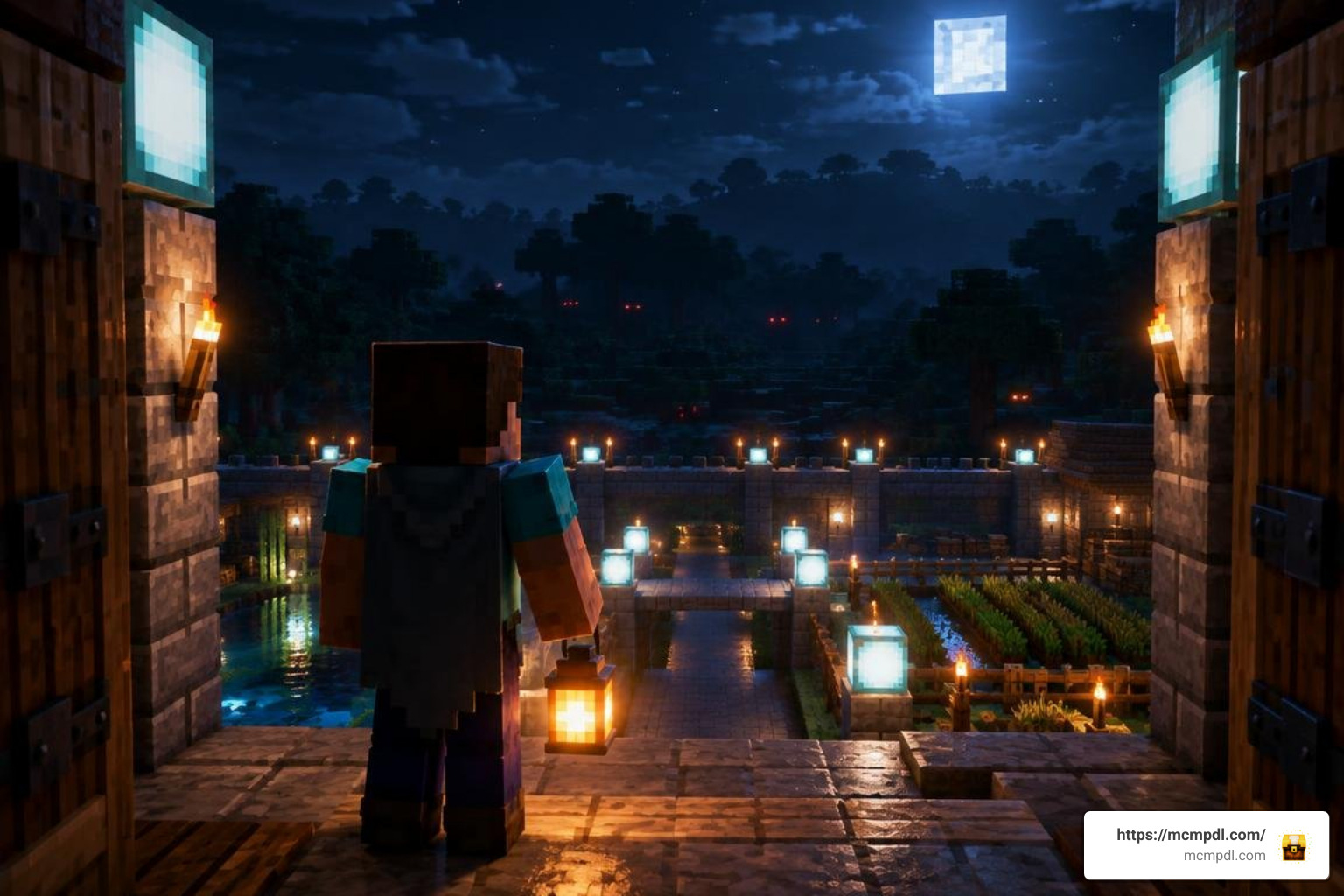 A Minecraft player defending a fortified base with light sources A Minecraft player defending a fortified base with light sources