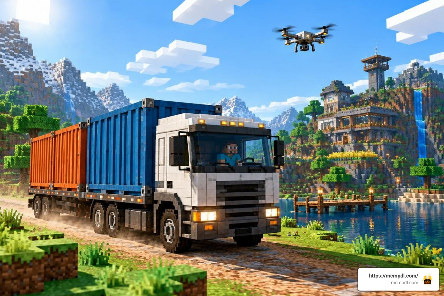 Cargo delivery truck carrying containers across Minecraft terrain Cargo delivery truck carrying containers across Minecraft terrain
