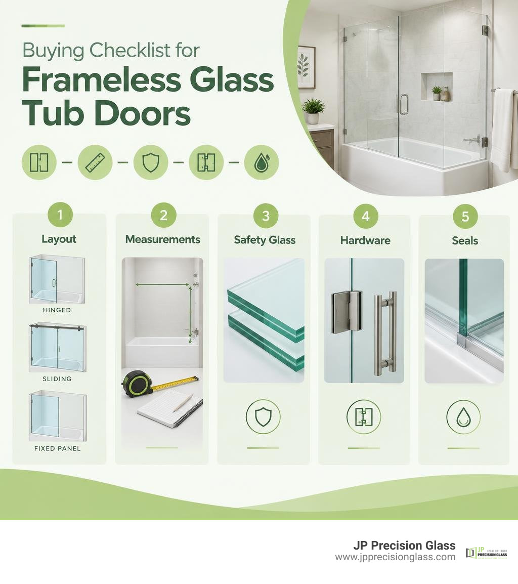Buying checklist for frameless glass tub doors: layout, measurements, safety glass, hardware, and seals infographic Buying checklist for frameless glass tub doors: layout, measurements, safety glass, hardware, and seals infographic
