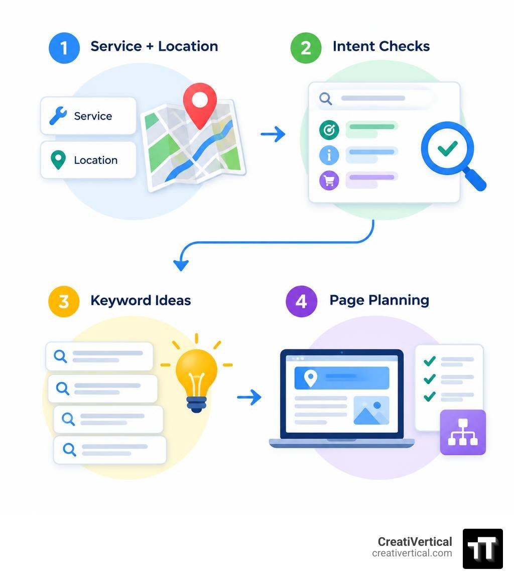 Local keyword discovery workflow from service and location to intent checks and page planning infographic Local keyword discovery workflow from service and location to intent checks and page planning infographic