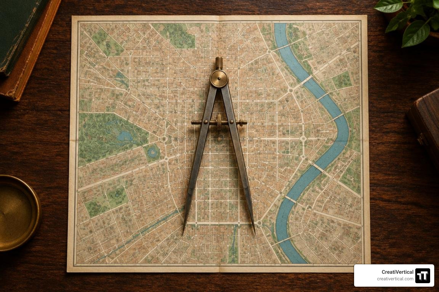 A vintage drafting compass measuring a map grid dead center on an oak table A vintage drafting compass measuring a map grid dead center on an oak table
