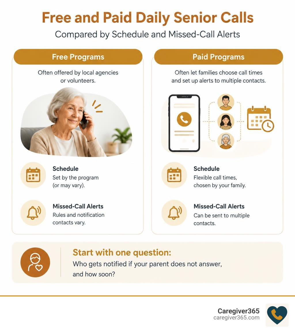 Free and paid daily senior calls compared by schedule and missed-call alerts infographic