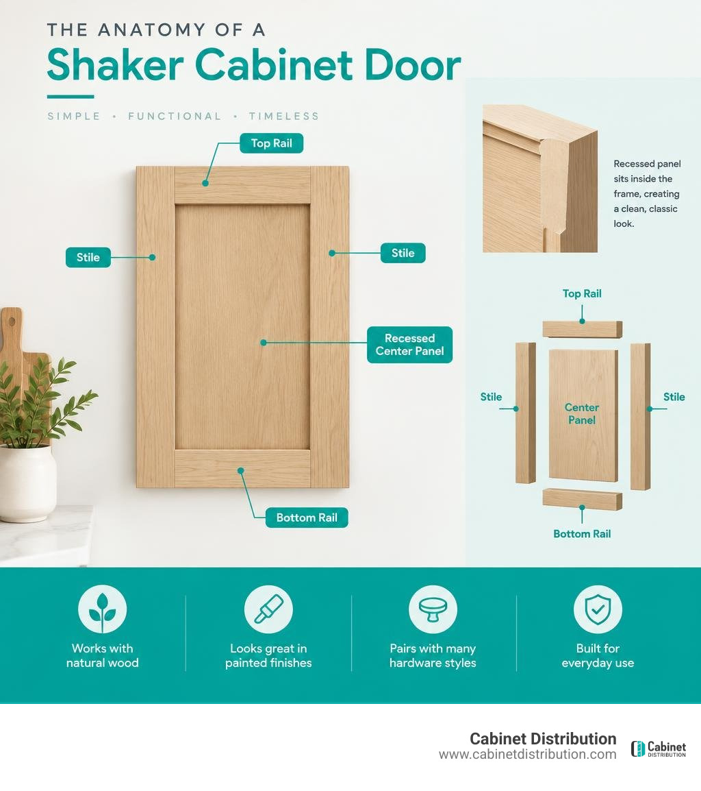 anatomy of a Shaker cabinet door showing frame rails stiles and recessed center panel infographic