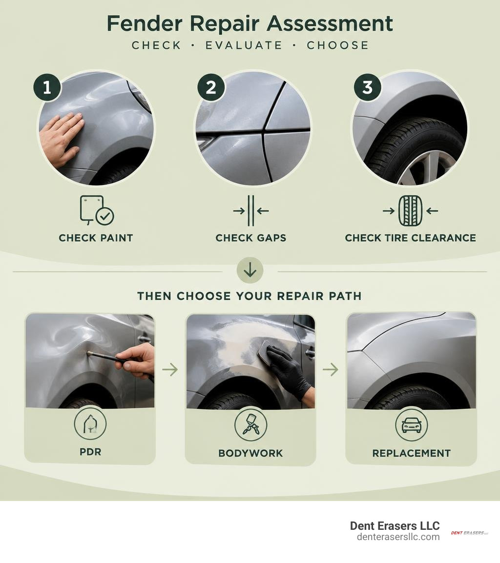 Fender repair assessment steps: check paint, gaps, and tire clearance, then choose PDR, bodywork, or replacement infographic Fender Repair Assessment Steps: Check Paint, Gaps, And Tire Clearance, Then Choose Pdr, Bodywork, Or Replacement Infographic