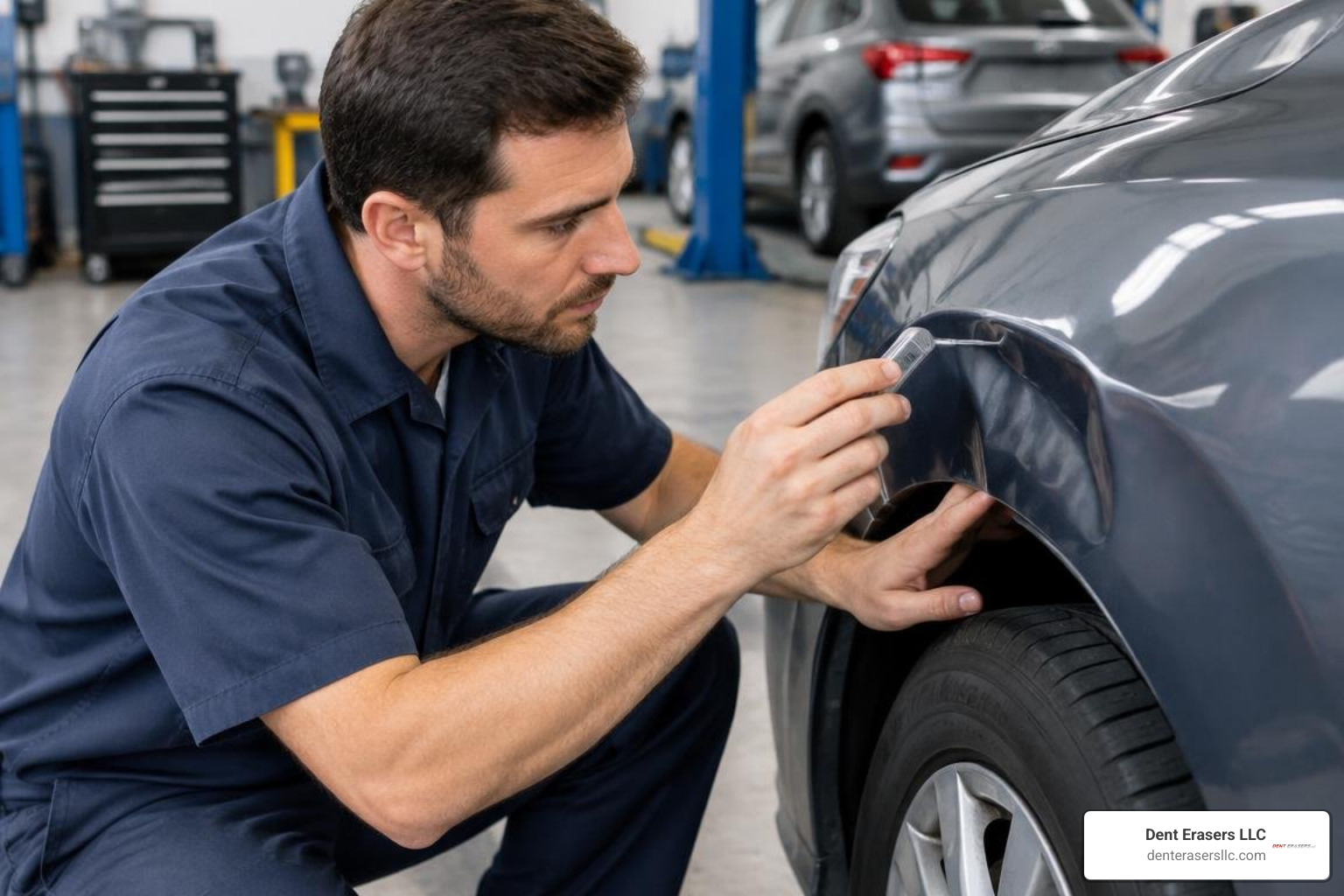 Auto technician inspecting fender crease depth and panel gaps Auto Technician Inspecting Fender Crease Depth And Panel Gaps