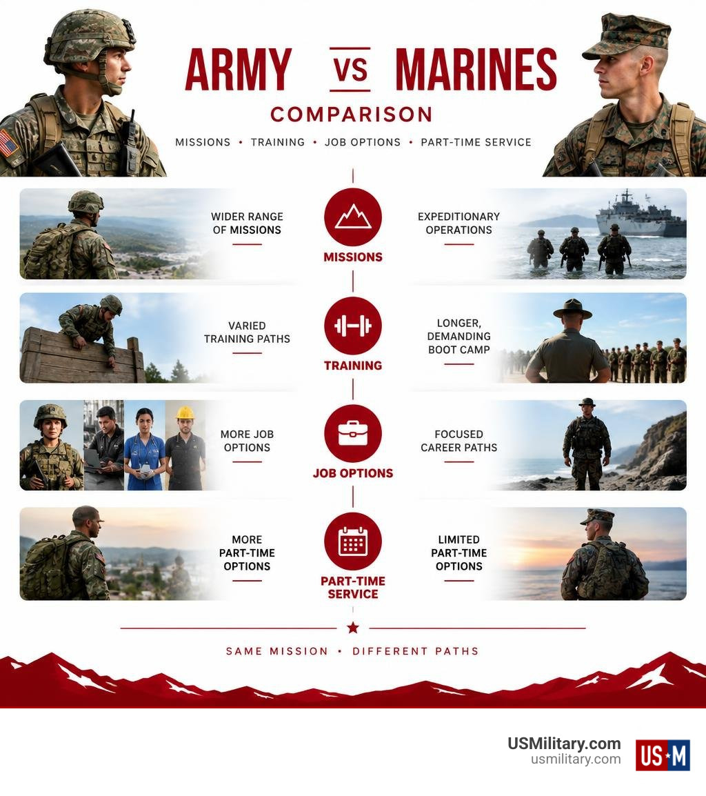Army versus Marines comparison of missions, training, job options, and part-time service infographic Army versus Marines comparison of missions, training, job options, and part-time service infographic
