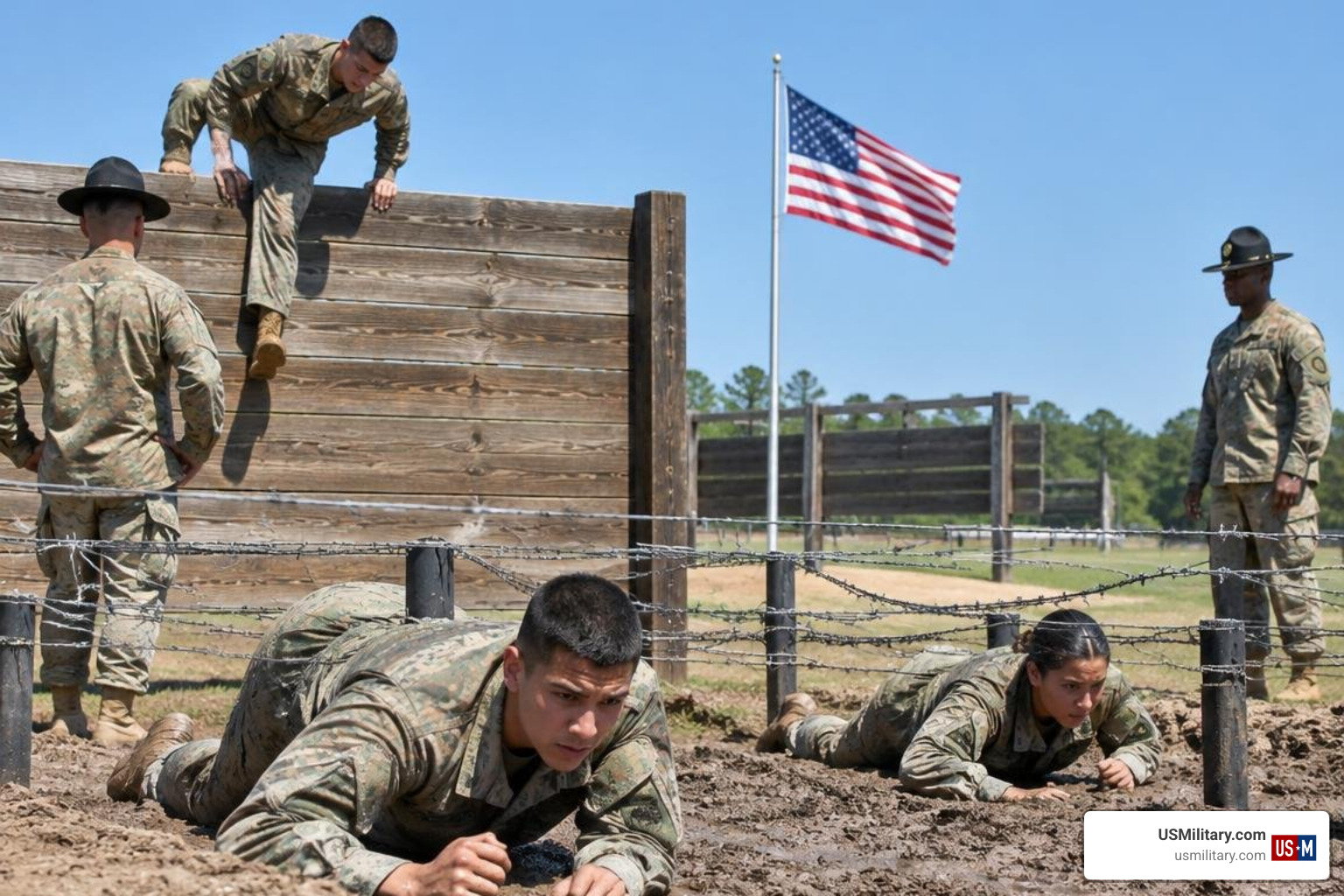 Recruits navigating an obstacle course during military basic training Recruits navigating an obstacle course during military basic training