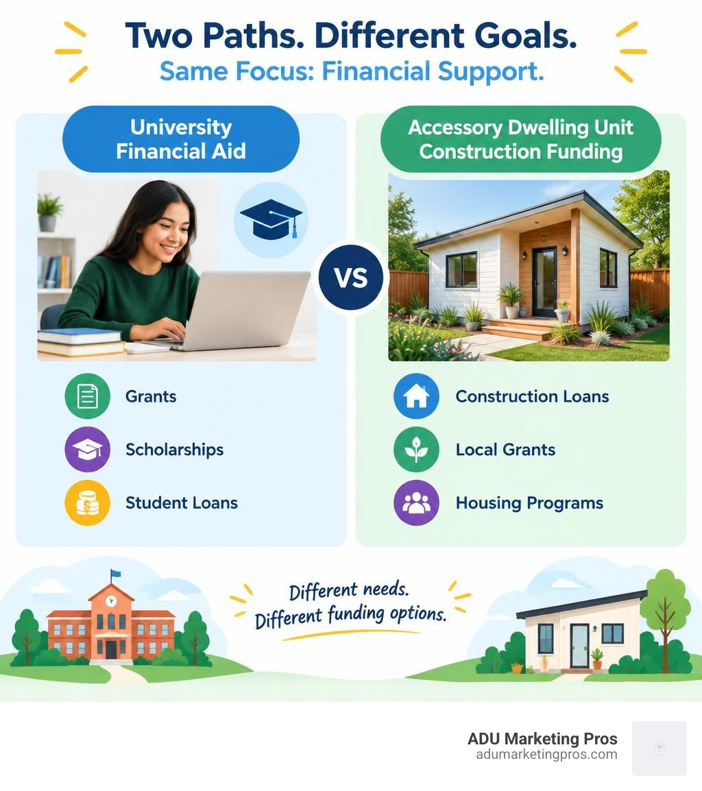 Comparison of university financial aid and accessory dwelling unit construction funding infographic