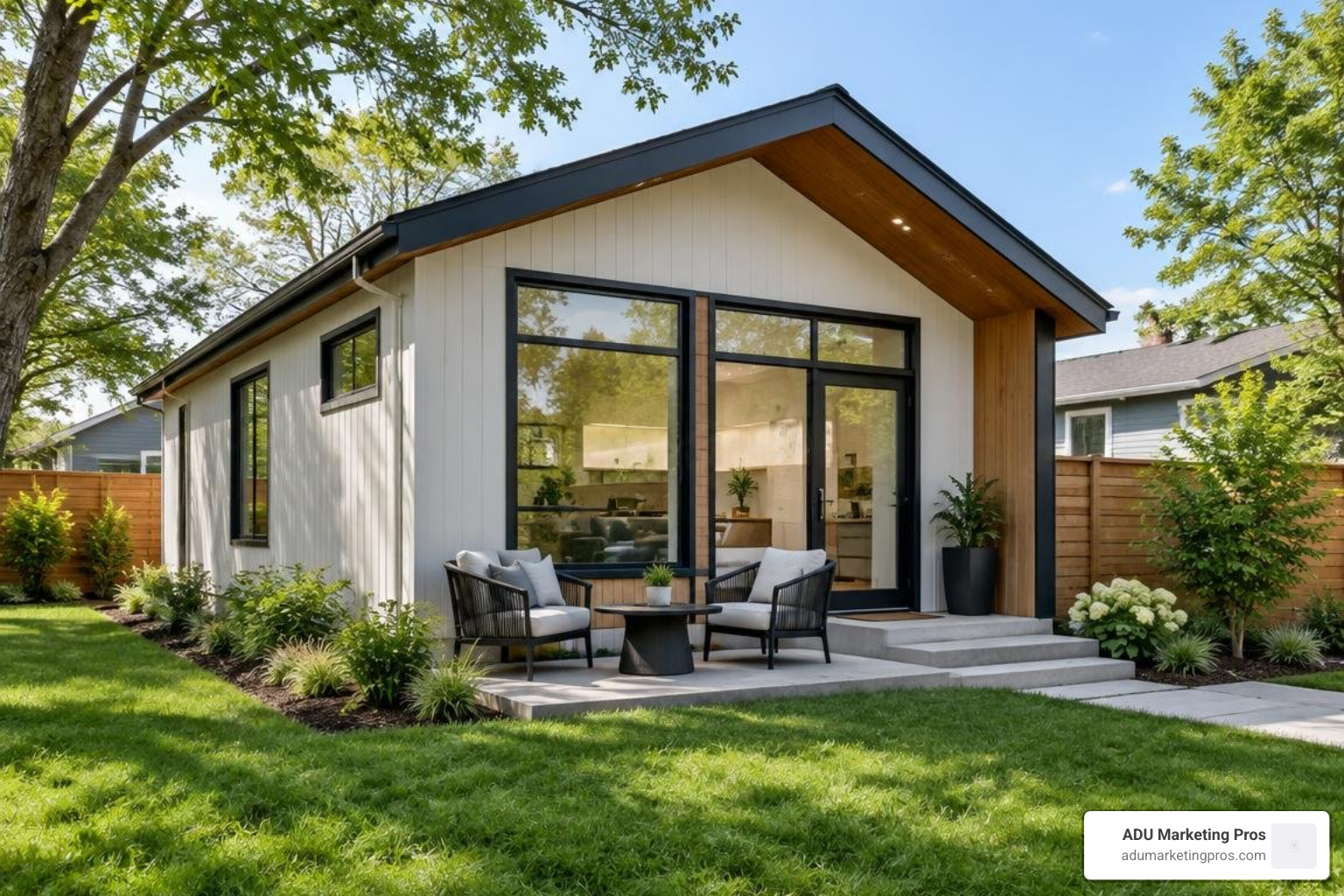 Modern detached ADU backyard cottage in an urban neighborhood