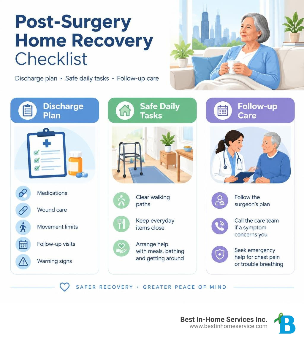 Post-surgery home recovery checklist: discharge plan, safe daily tasks, follow-up care infographic