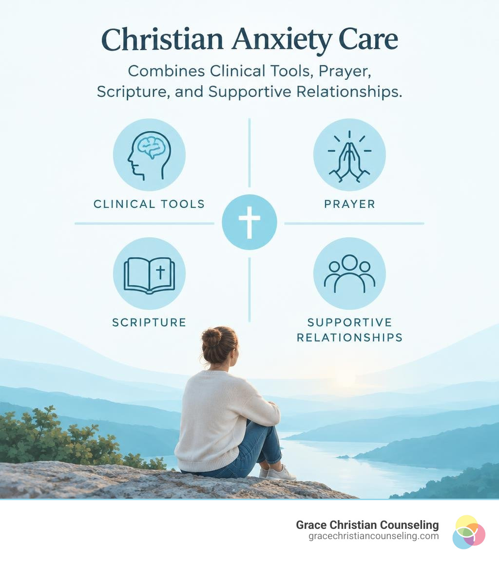 Christian anxiety care combines clinical tools, prayer, Scripture, and supportive relationships infographic
