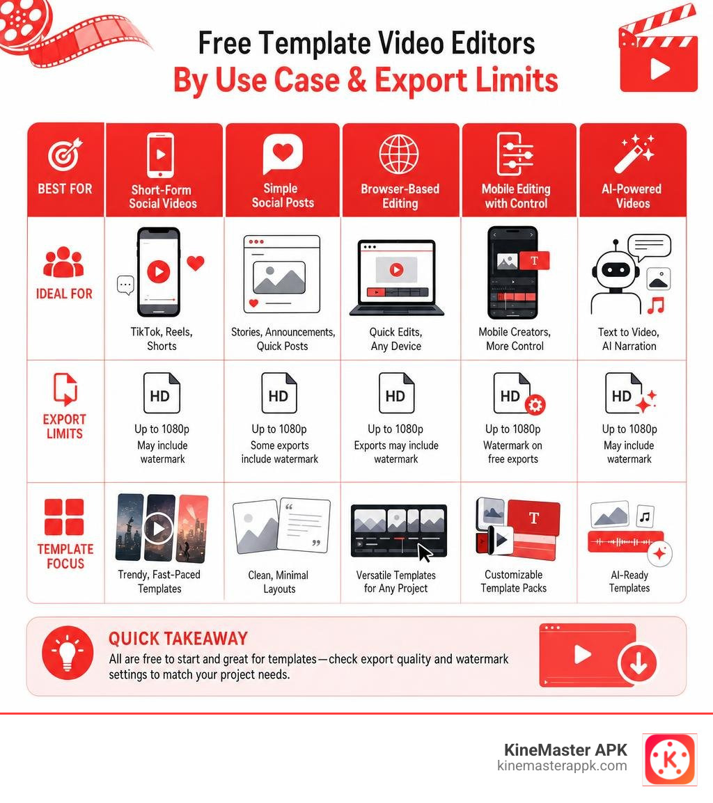 comparison of free template video editors by use case and export limits infographic comparison of free template video editors by use case and export limits infographic