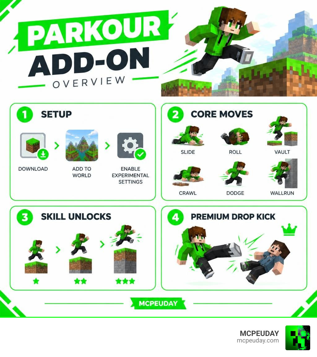Parkour Add-On overview showing setup, core moves, skill unlocks, and premium dropkick infographic