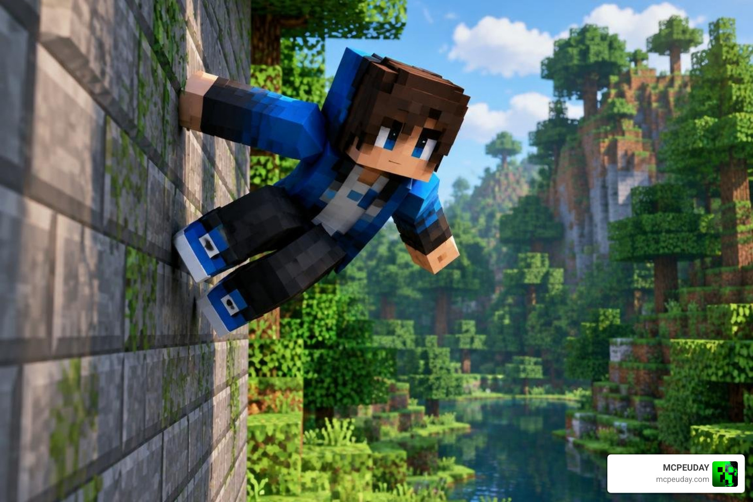 Player executing a wallrun acrobatic move in Minecraft Bedrock