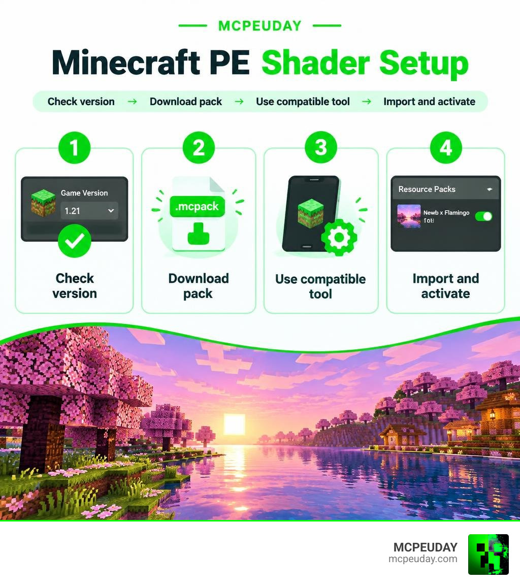 Minecraft PE shader setup: check version, download pack, use compatible tool, import and activate infographic Minecraft PE shader setup: check version, download pack, use compatible tool, import and activate infographic