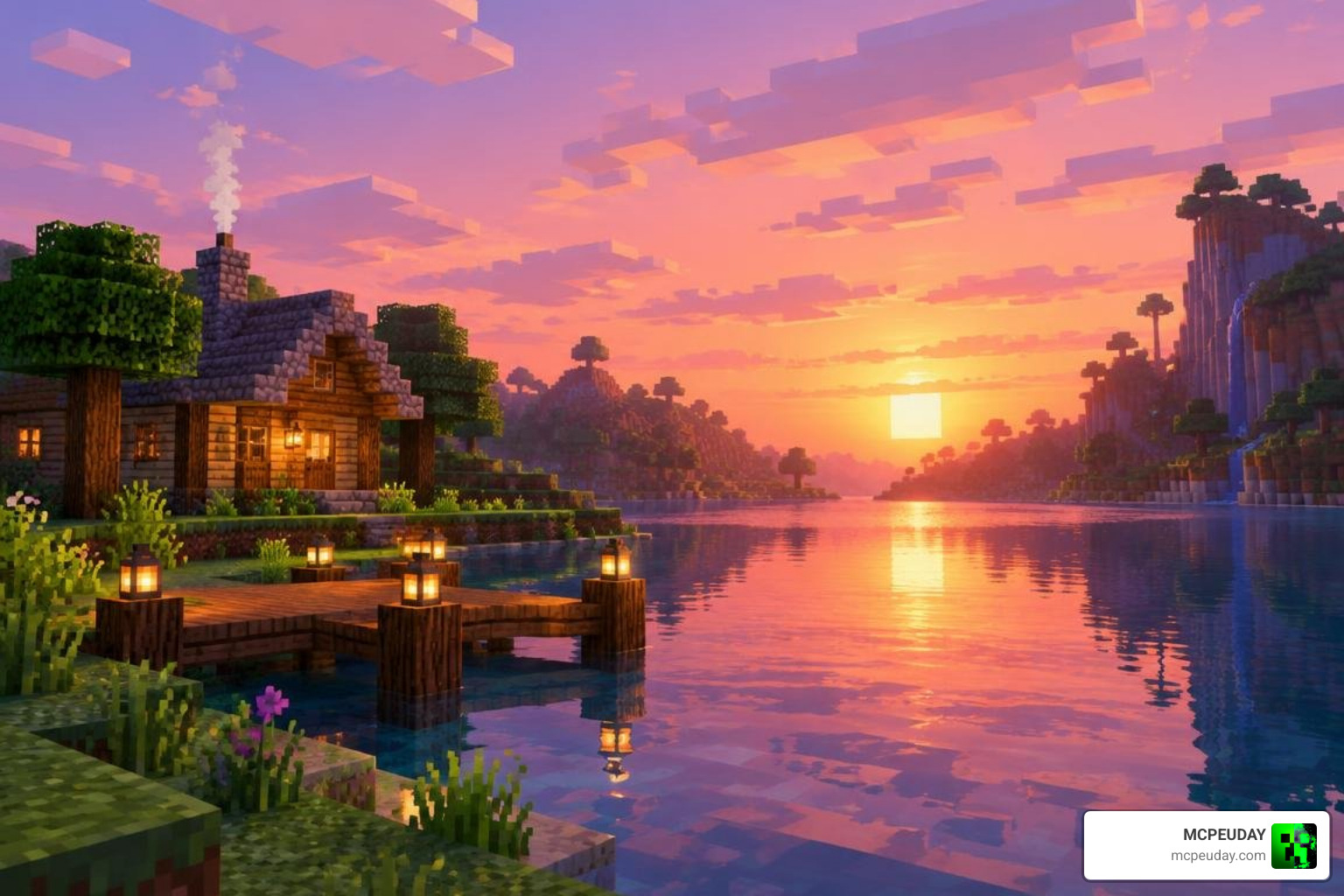 aesthetic Minecraft PE sunset showcasing pastel pink skies and glowing water reflections aesthetic Minecraft PE sunset showcasing pastel pink skies and glowing water reflections