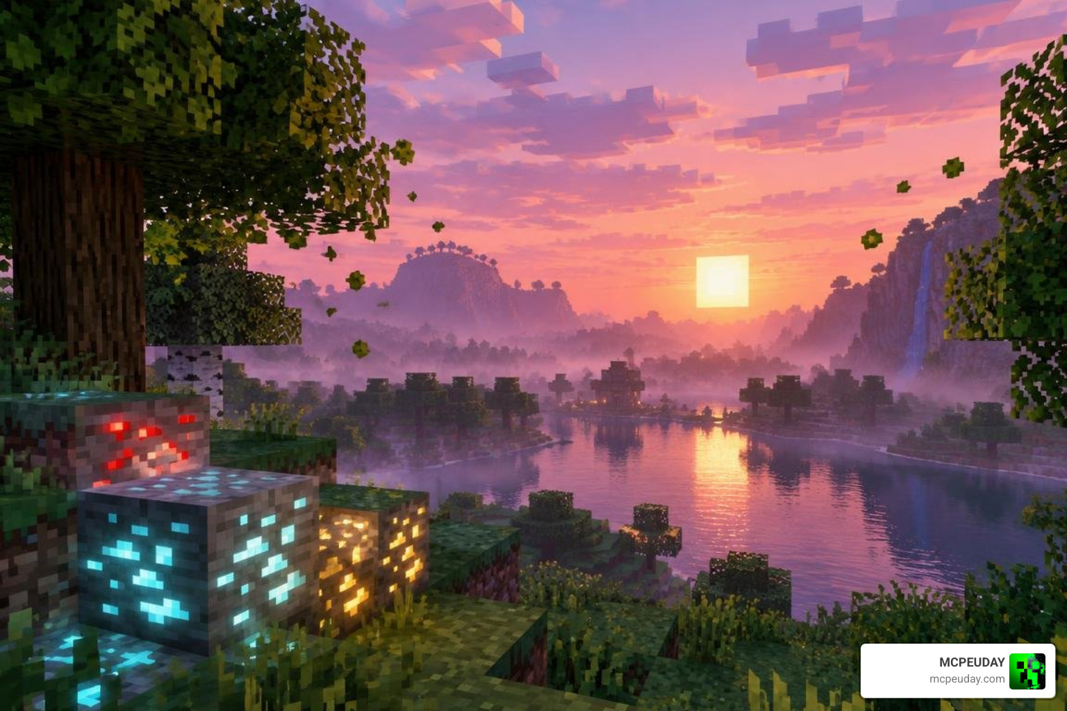 Minecraft PE dusk scene with glowing ores, waving leaves, and soft atmospheric mist Minecraft PE dusk scene with glowing ores, waving leaves, and soft atmospheric mist