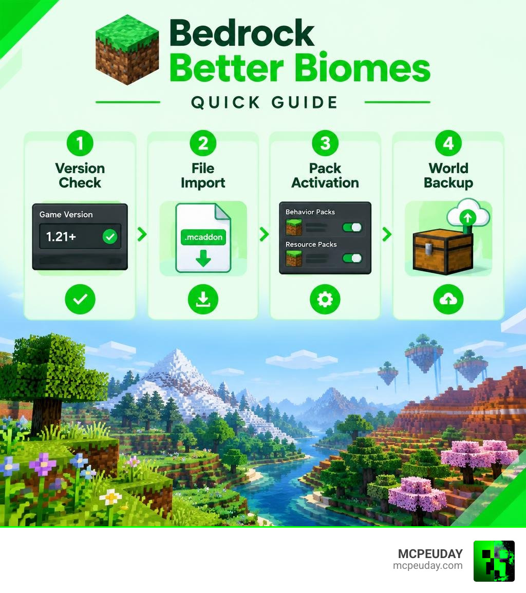 Bedrock Better Biomes quick guide showing version check, file import, pack activation, and world backup infographic Bedrock Better Biomes quick guide showing version check, file import, pack activation, and world backup infographic
