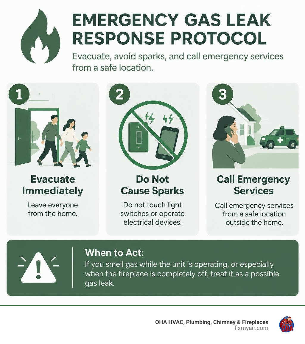 Emergency gas leak response protocol: evacuate, avoid sparks, and call emergency services from a safe location infographic