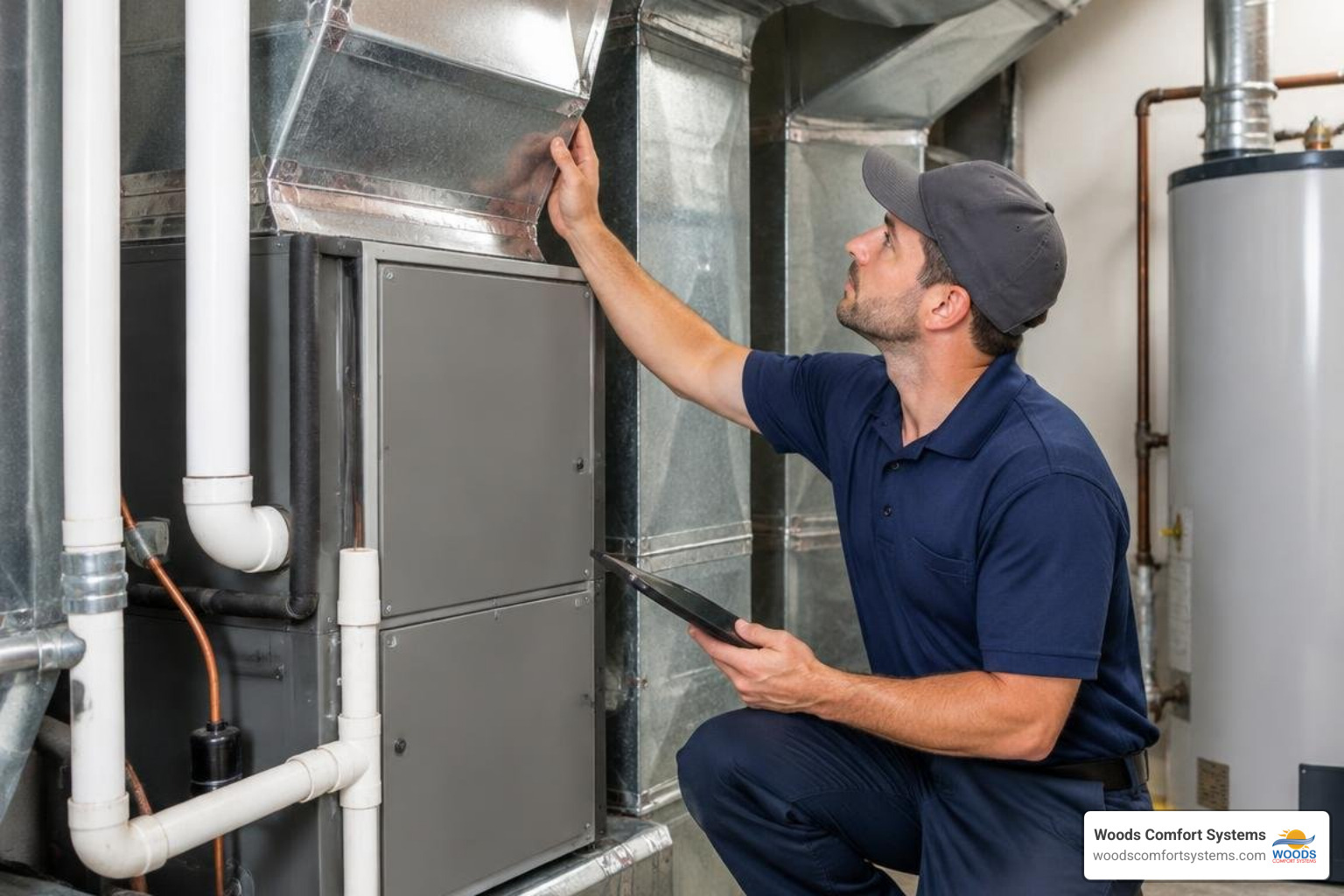 HVAC technician evaluating ductwork and an indoor air handler before recommending a replacement system