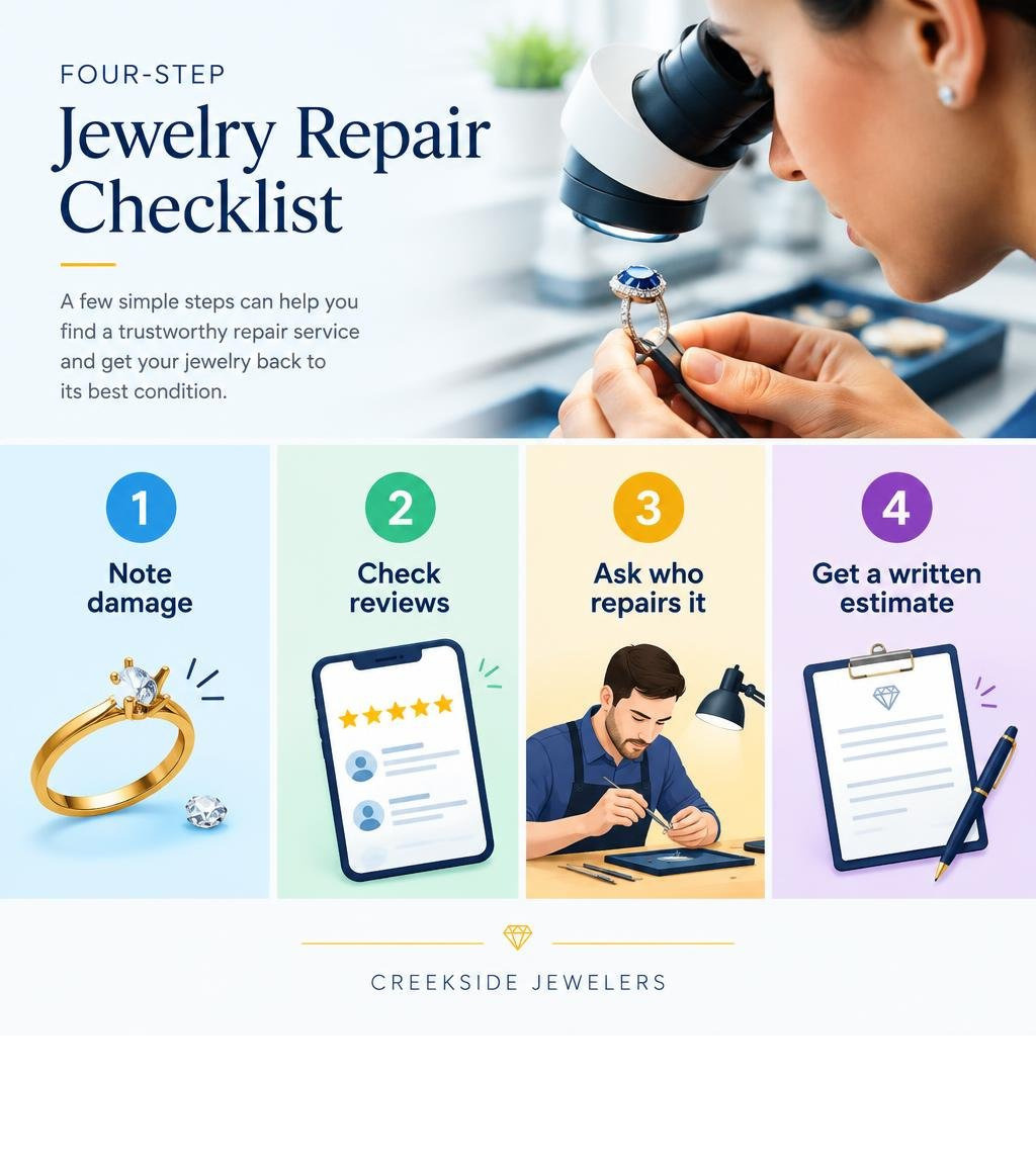 Four-step jewelry repair checklist: note damage, check reviews, ask who repairs it, get a written estimate infographic