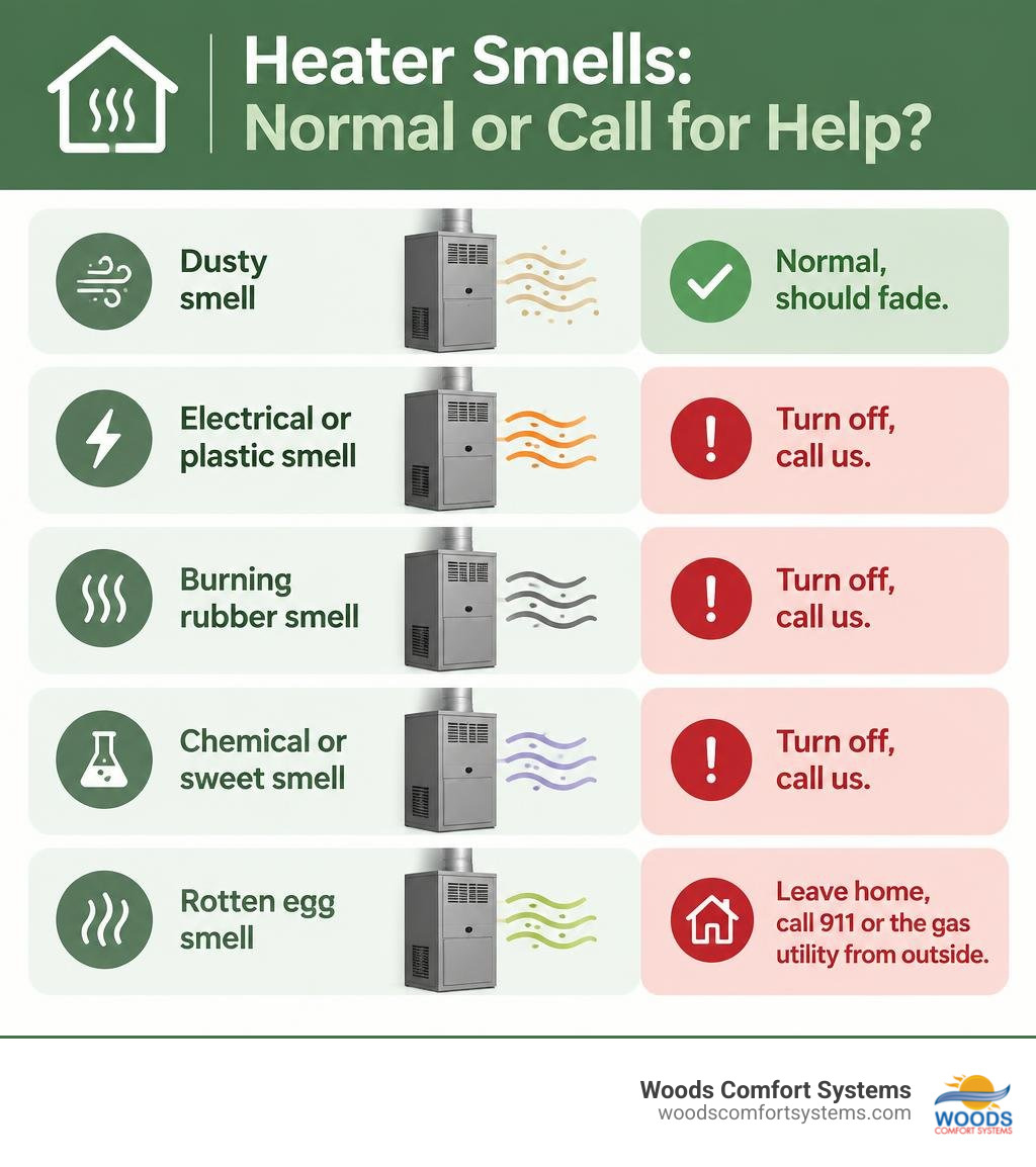 Infographic explaining which heater smells may fade normally and which odors require turning the system off or leaving the Infographic explaining which heater smells may fade normally and which odors require turning the system off or leaving the