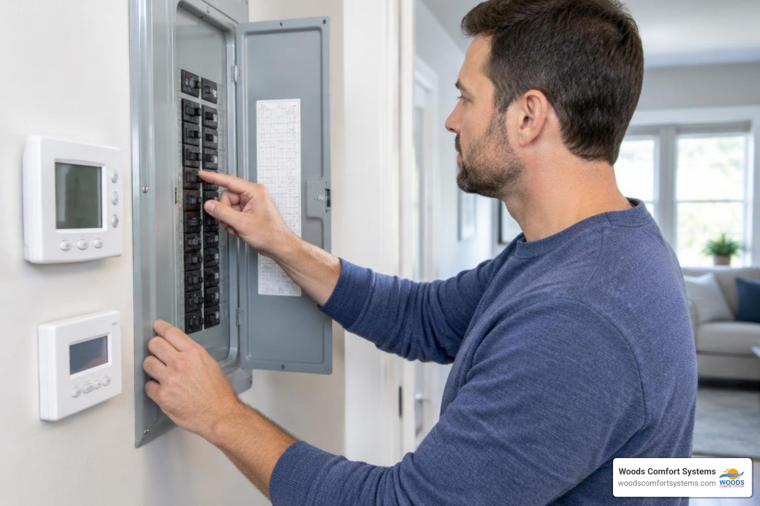 Homeowner checking HVAC circuit breaker panel and system controls safely Homeowner checking HVAC circuit breaker panel and system controls safely