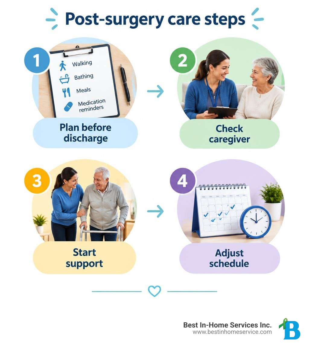 Post-surgery care steps: plan before discharge, check caregiver, start support, adjust schedule infographic