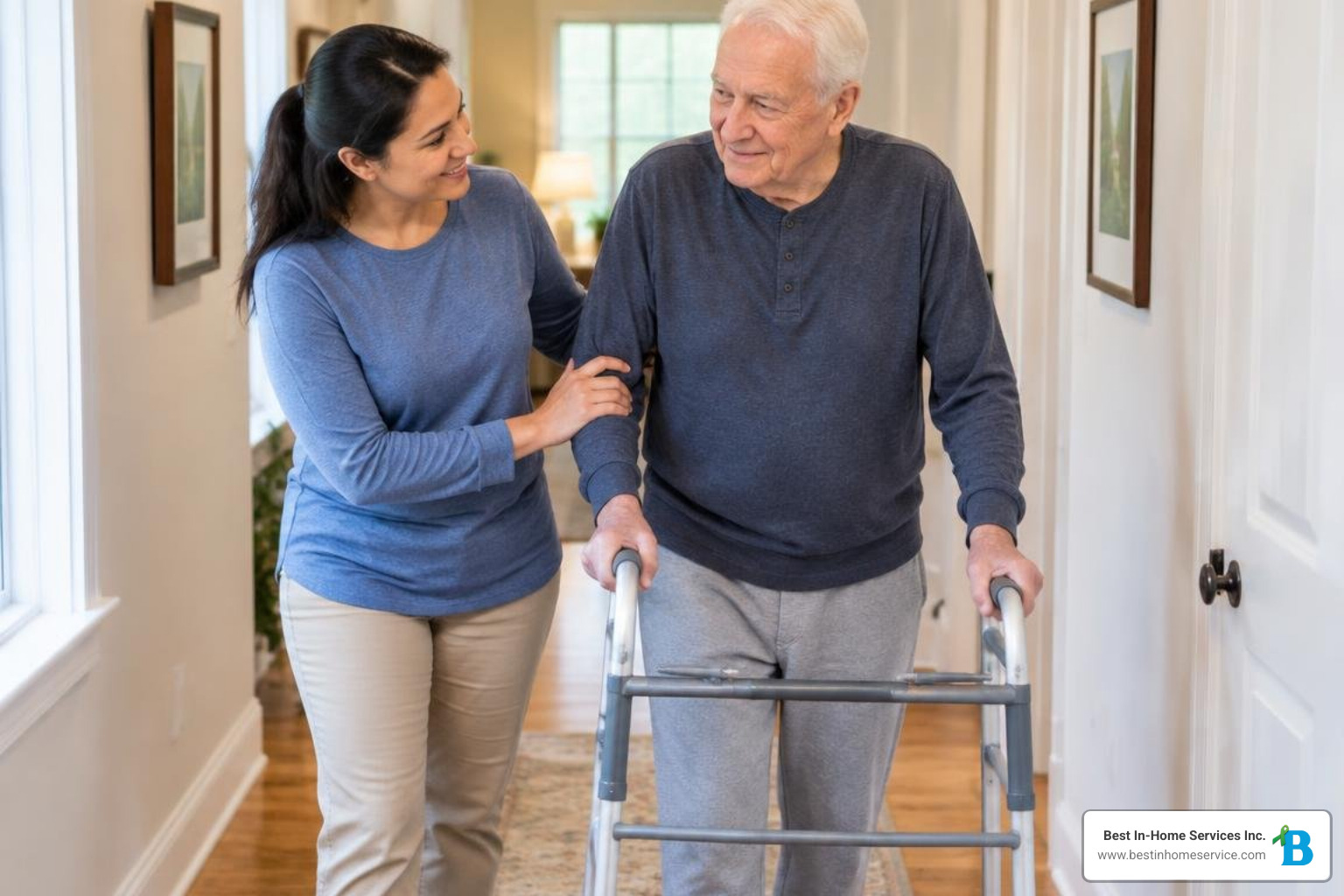 In-home caregiver assisting a post-operative patient walking safely