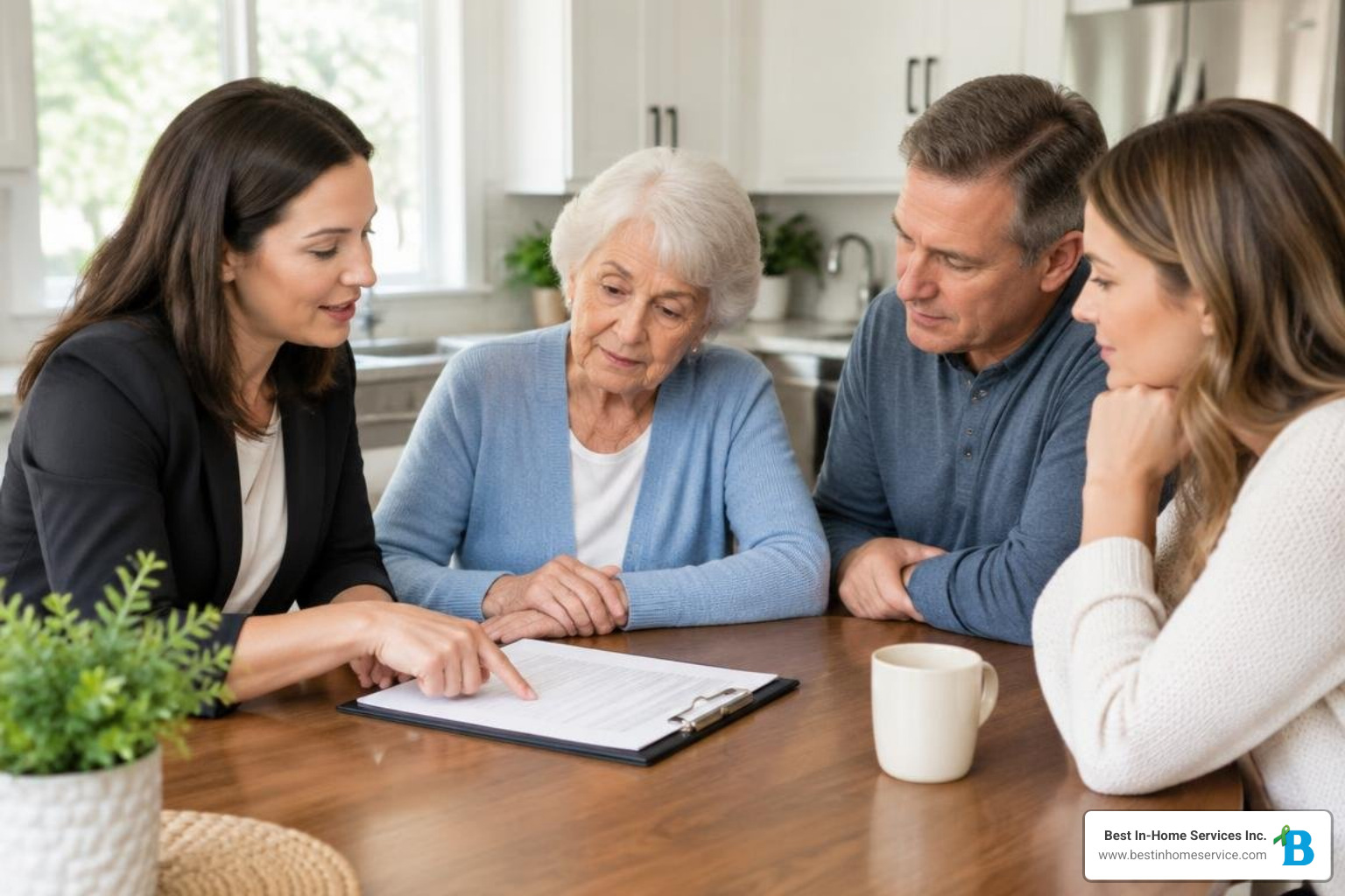 Family reviewing a post-operative care plan with a care coordinator