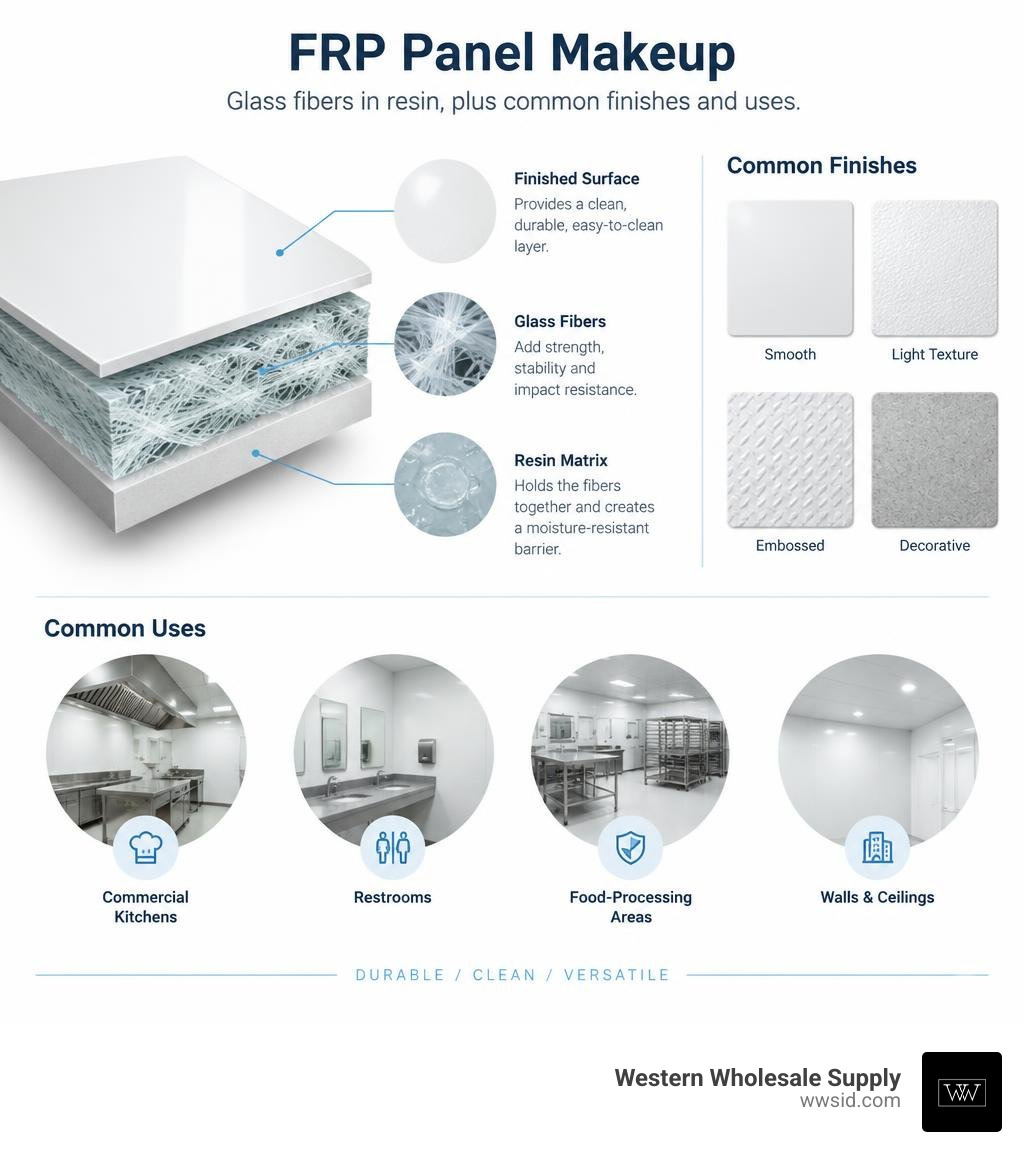 FRP panel makeup: glass fibers in resin, plus common finishes and uses infographic FRP panel makeup: glass fibers in resin, plus common finishes and uses infographic