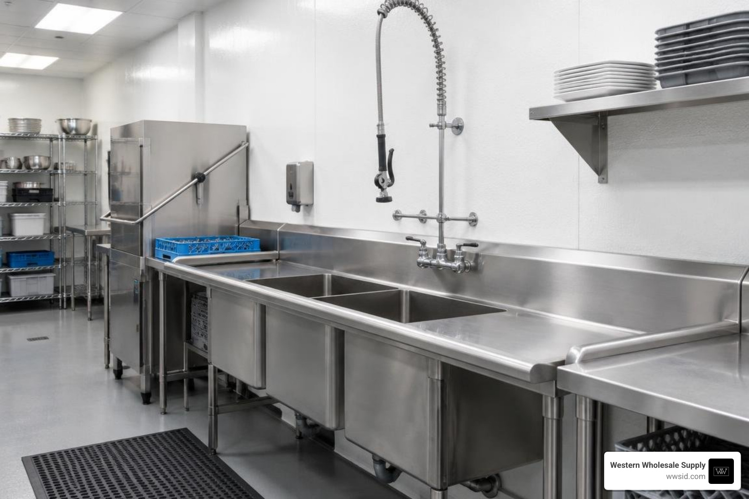 Installed white textured FRP panels in a commercial dishwashing station Installed white textured FRP panels in a commercial dishwashing station
