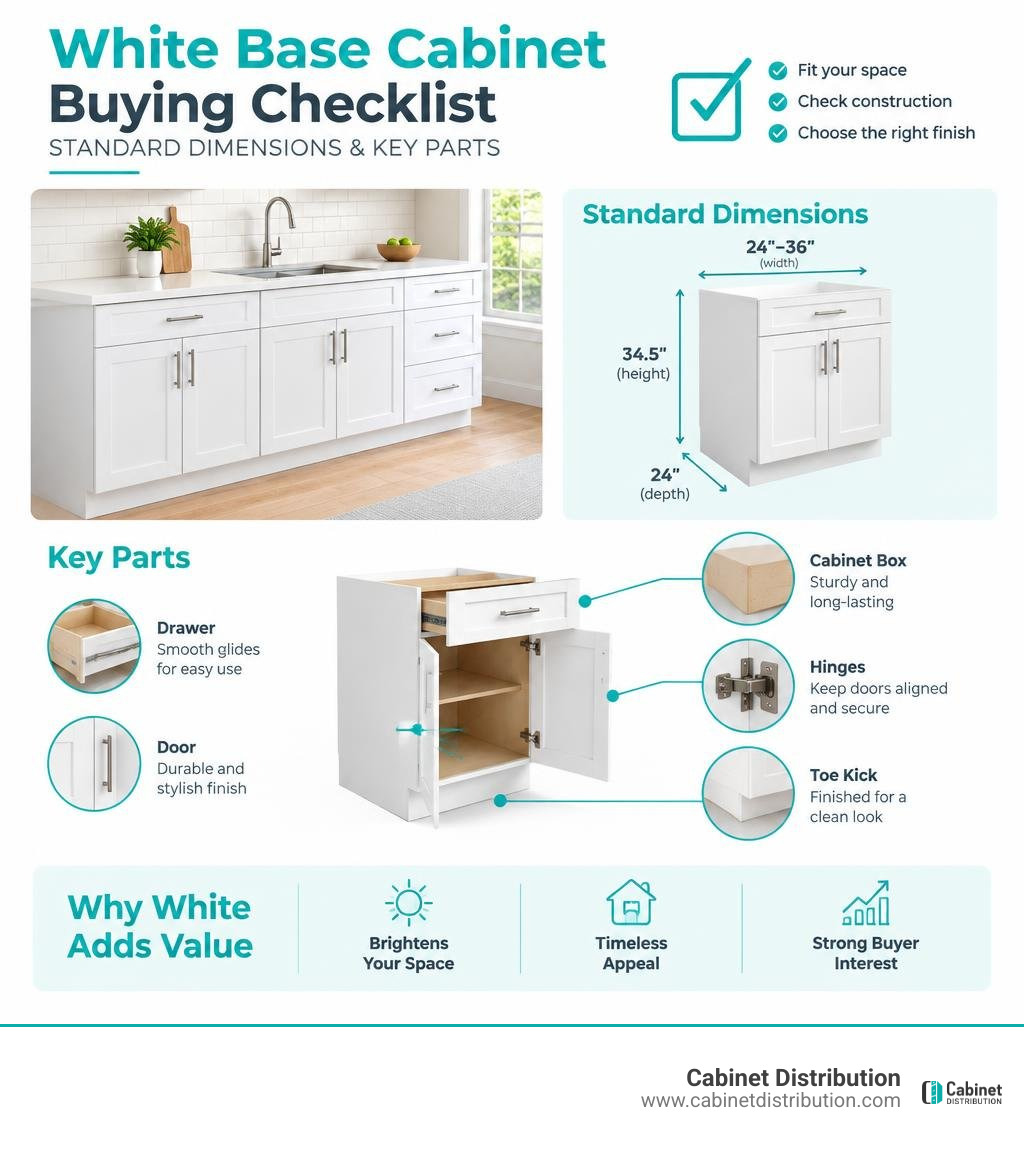 White base cabinet buying checklist with standard dimensions and key parts infographic White base cabinet buying checklist with standard dimensions and key parts infographic
